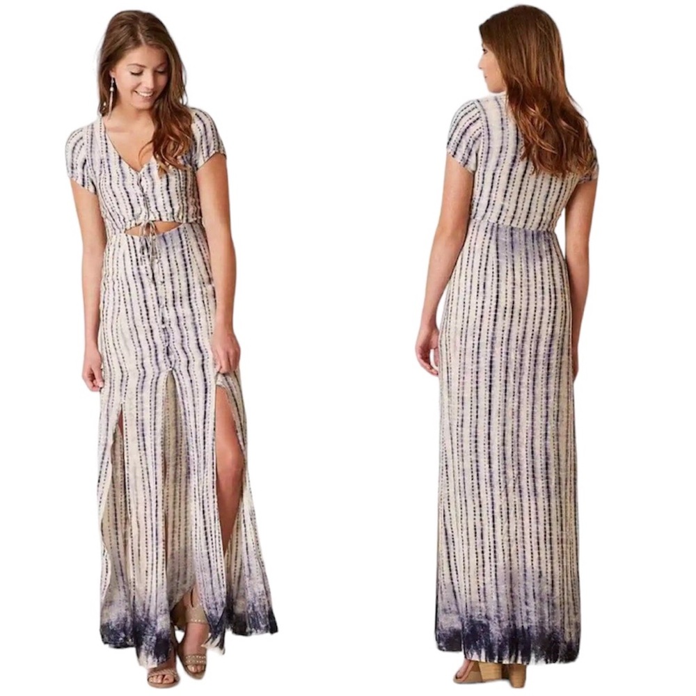 NWT Buckle Honey Punch Woven Sleeveless Dip Tie Dye Maxi Dress Cream Navy L